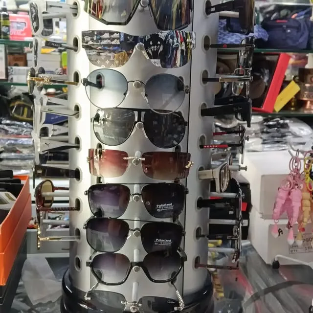Sunglasses on a rotating display stand